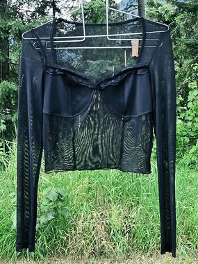 Black Sheer Mesh Long Sleeve Corset Bustier Top